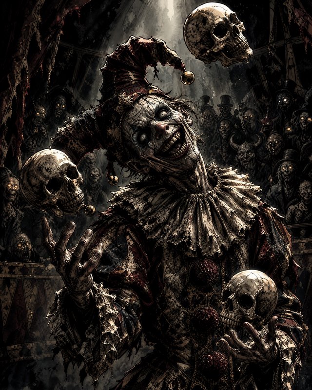 Grotesque undead jester juggles human skulls for a crowd of glowing-eyed circus spectators