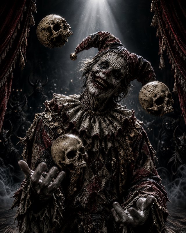 Grinning undead jester juggles floating weathered human skulls on a dark spooky theatre stage