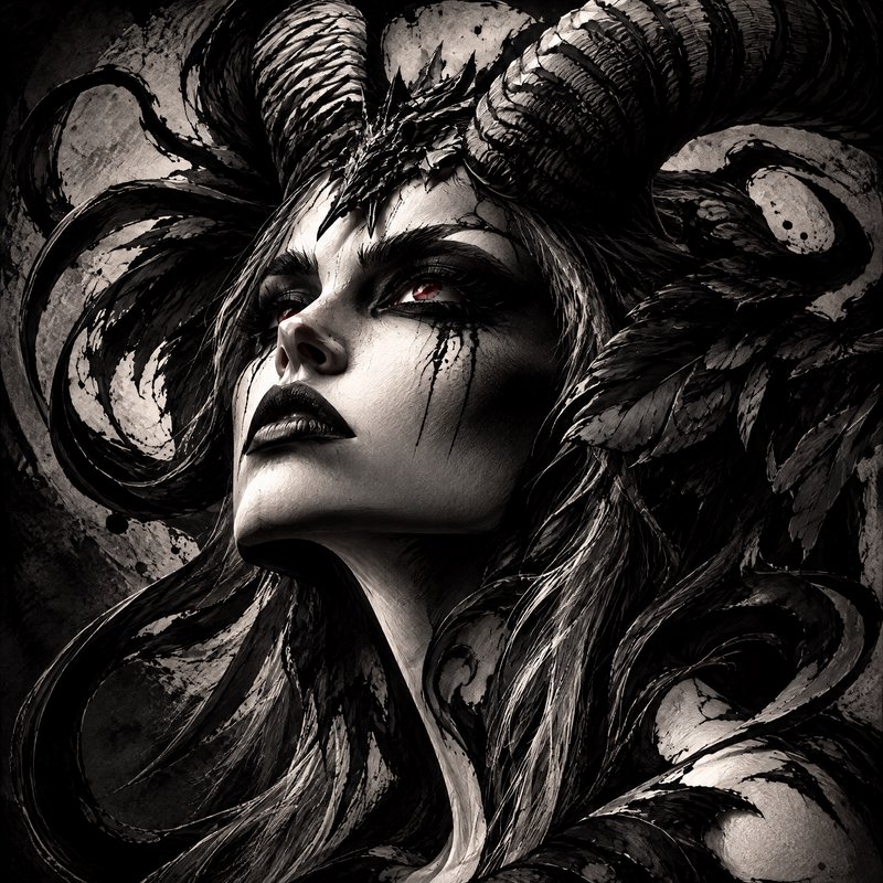Horned dark fantasy demoness with red eyes and ink tear streaks tilts her head upward