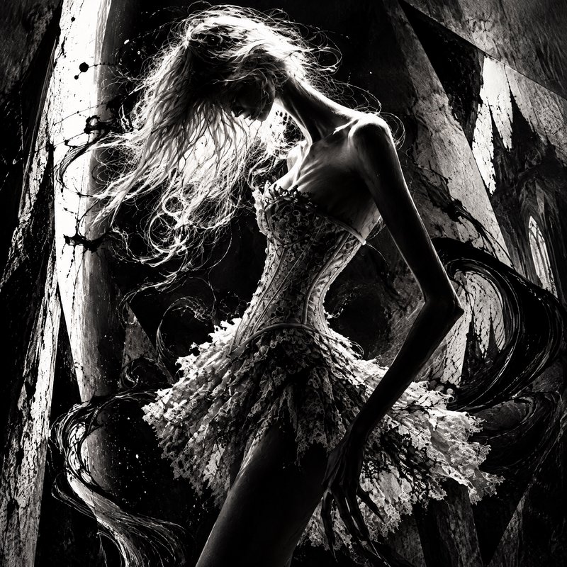 Gaunt gothic figure in a lace corset tutu stands bowed beneath dramatic high contrast monochrome lighting