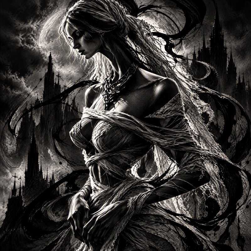Gaunt wraith-like gothic woman wrapped in tattered bandages stands before stormy castle spires