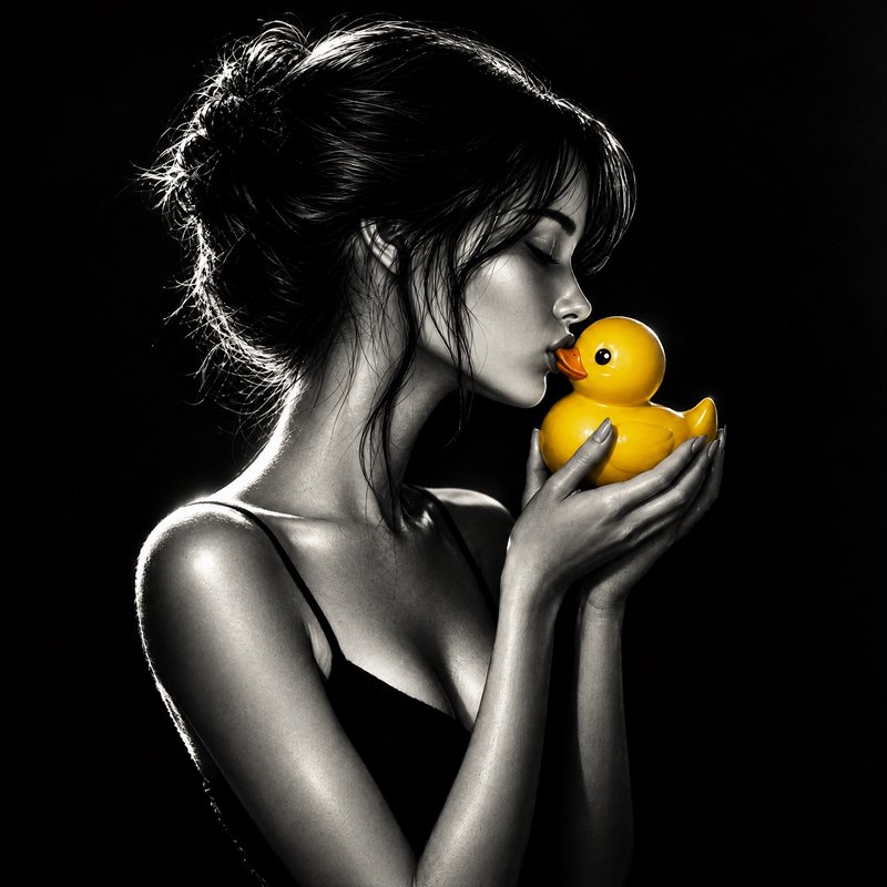 Profile view of a woman gently kissing a bright yellow rubber duck against a solid black studio background