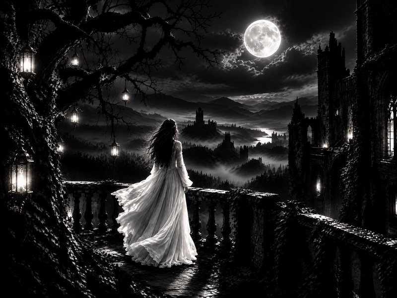 Woman in flowing white gown stands on a gothic castle balcony gazing out at a full moon over misty valley