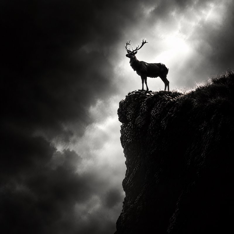 Silhouetted red deer stag standing on a rocky cliff top against a dramatic stormy sky