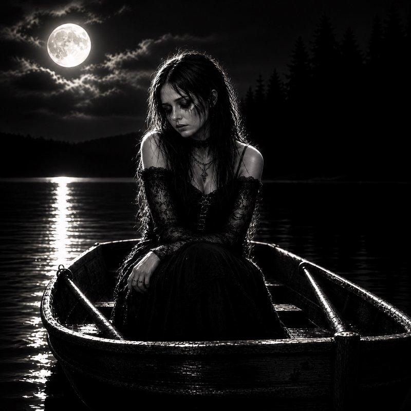 Melancholic gothic woman sits alone in a wooden rowboat on a moonlit lake under a glowing full moon
