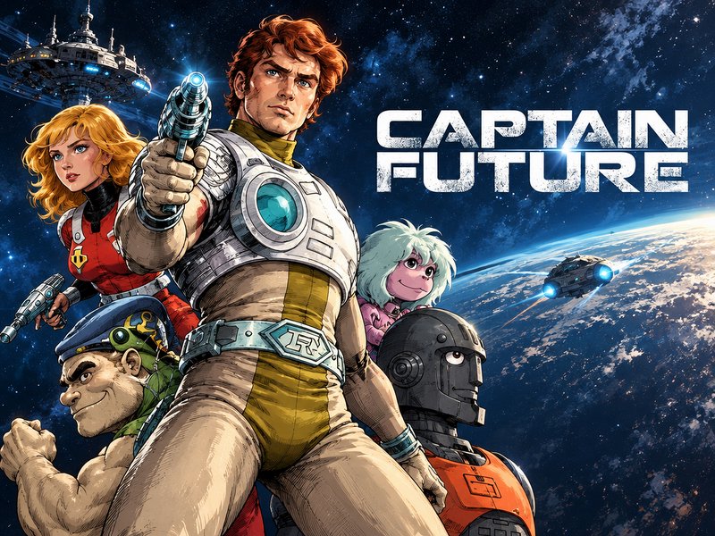 Captain Future and his loyal space crew stand armed with ray guns against a starry deep space backdrop