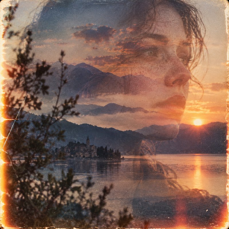 Double exposure portrait of a pensive woman layered over a golden alpine lake sunset landscape