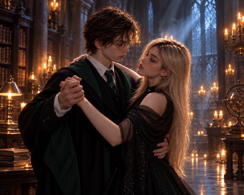 Young wizard student and blonde partner slow dance in a candlelit gothic magical library
