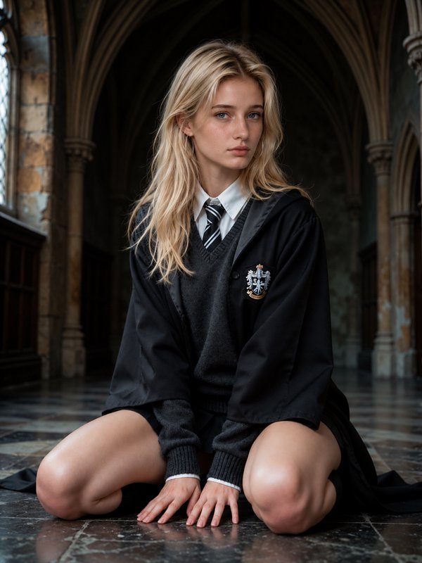 Blonde young woman in wizard school uniform sitting on a gothic castle corridor floor