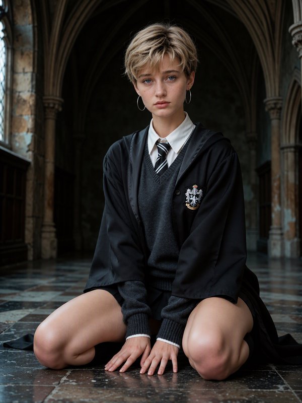 Young student in wizarding school robes sits on the floor of a vaulted gothic stone corridor