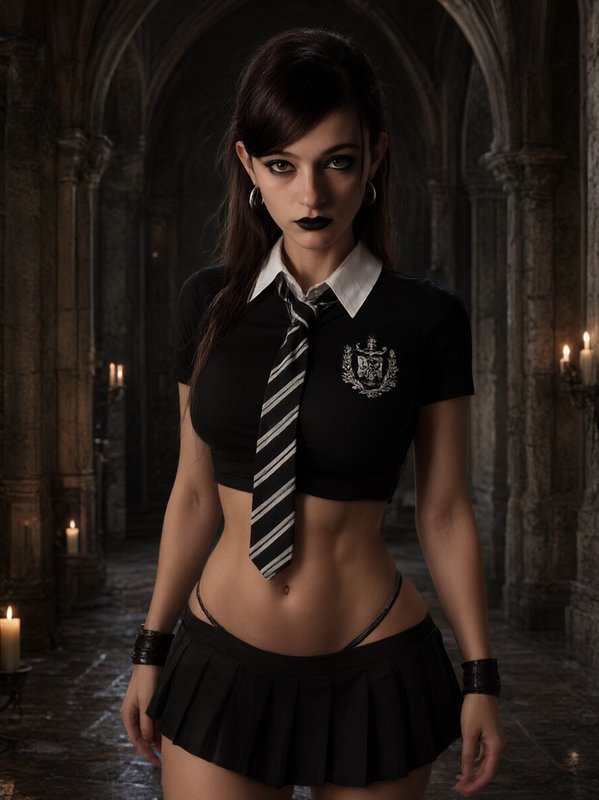 Gothic young woman in cropped dark school uniform standing in a candlelit stone castle corridor