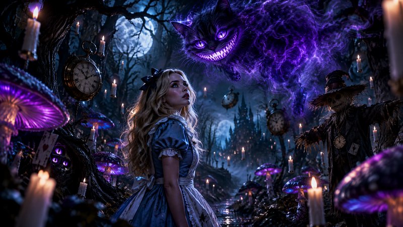 Alice in a classic blue dress looks up at a glowing purple spectral Cheshire Cat in a moonlit enc...