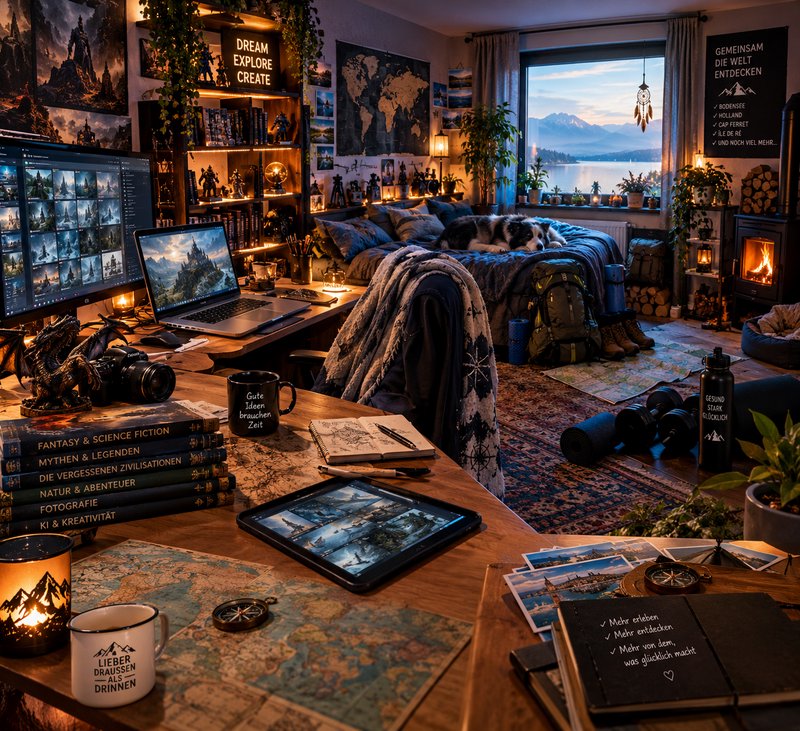 Cozy travel-themed creator bedroom with a sleeping dog, wooden work desk, and mountain lake sunse...