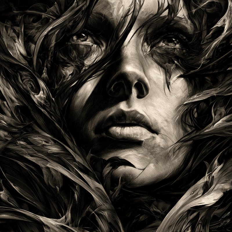 Surreal sepia portrait of an upward gazing face framed by swirling dark feather-like abstract tex...