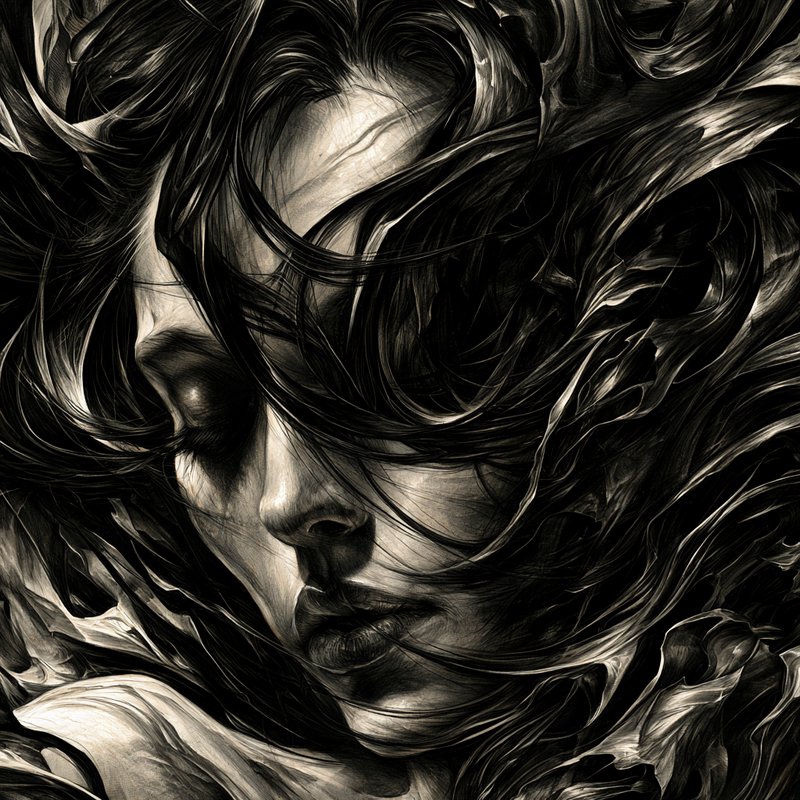 Dramatic monochrome closeup portrait of a somber woman with swirling windblown hair and shadowed ...