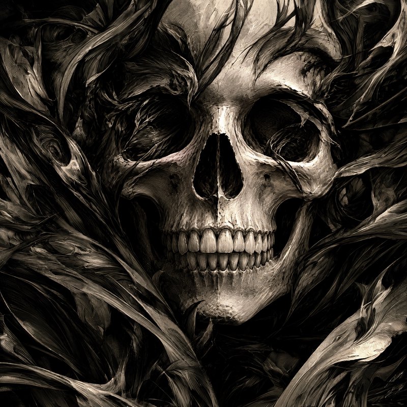 Grinning human skull framed by swirling ethereal dark tendrils in a moody sepia dark fantasy illu...