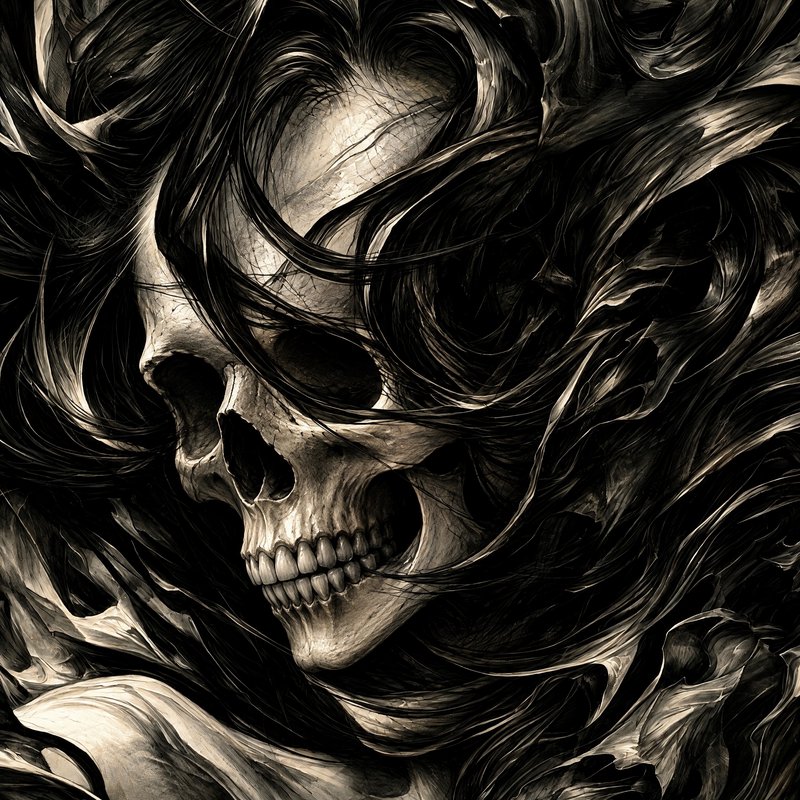 Haunting weathered human skull surrounded by swirling dark wispy strands in moody monochrome clos...