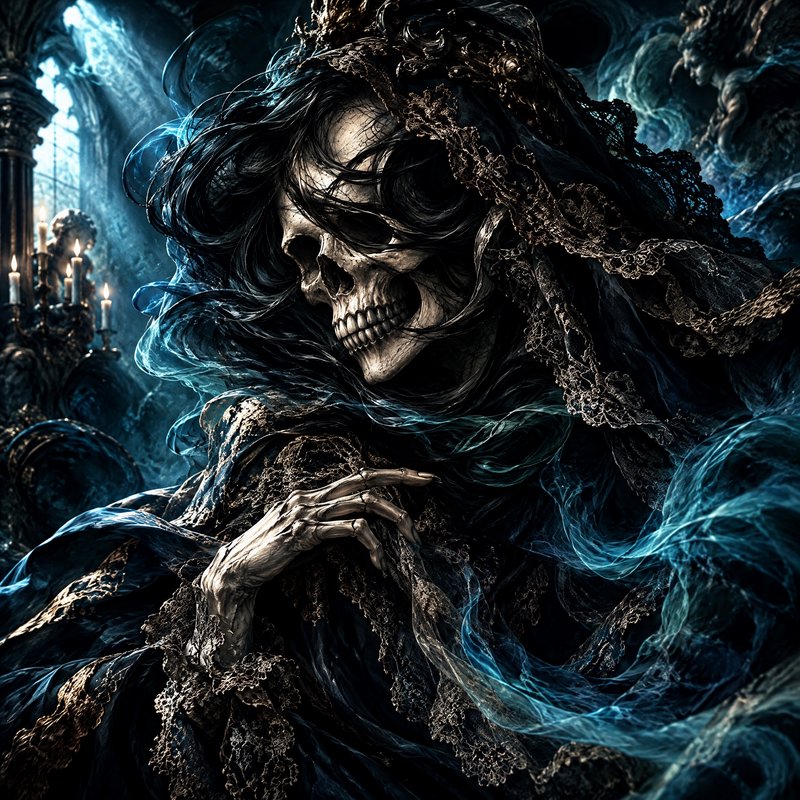 Skeletal undead royal draped in gilded lace veils rests a bony hand in a dark gothic candlelit ch...