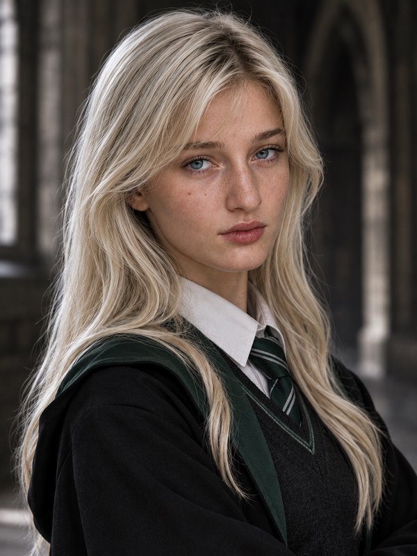 Close-up portrait of a platinum blonde Slytherin Hogwarts student in uniform looking directly at ...