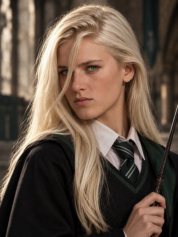 Platinum blonde Slytherin Hogwarts student holding a magic wand, gazing seriously at the viewer