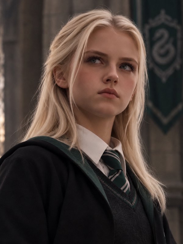 Serious blonde Slytherin Hogwarts student looking thoughtfully upward in a castle corridor