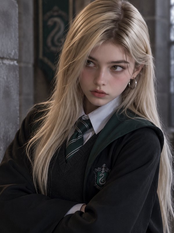 Young blonde Slytherin Hogwarts student stands with crossed arms in a stone castle corridor