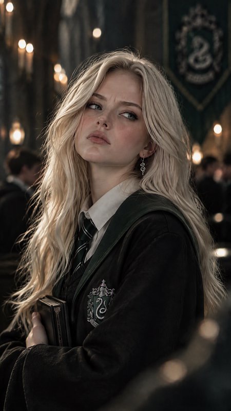 Platinum blonde Slytherin Hogwarts student holding a book in a candle-lit castle great hall