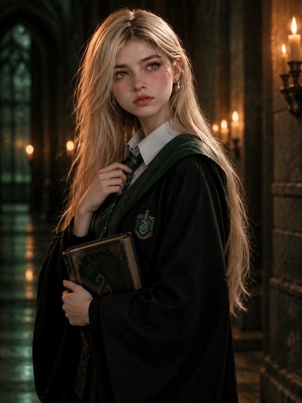 Blonde Slytherin Hogwarts student holds an old spell book in a candlelit castle corridor