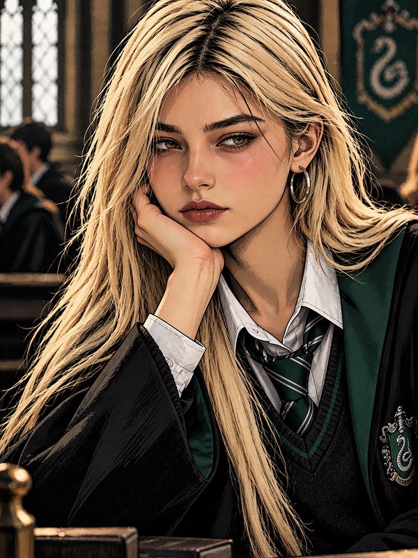 Pensive blonde Slytherin student rests her cheek on her hand in the Hogwarts Great Hall