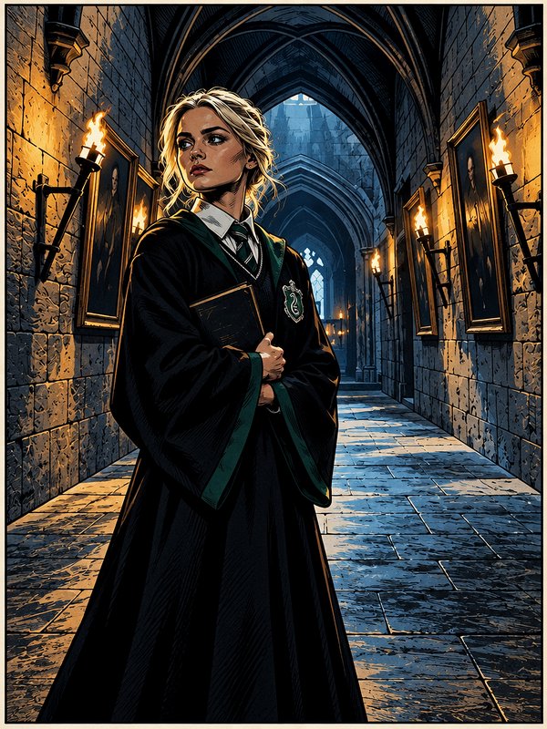 Blonde Slytherin student holding a book stands in a torch-lit gothic castle corridor
