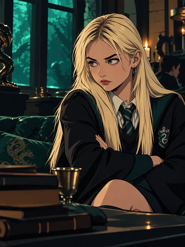 Serious blonde Slytherin student sits with crossed arms in a dim Hogwarts common room
