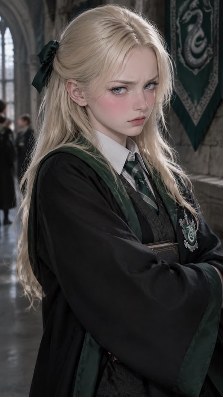 Stern blonde Slytherin Hogwarts student holding a spellbook with crossed arms in a stone castle c...