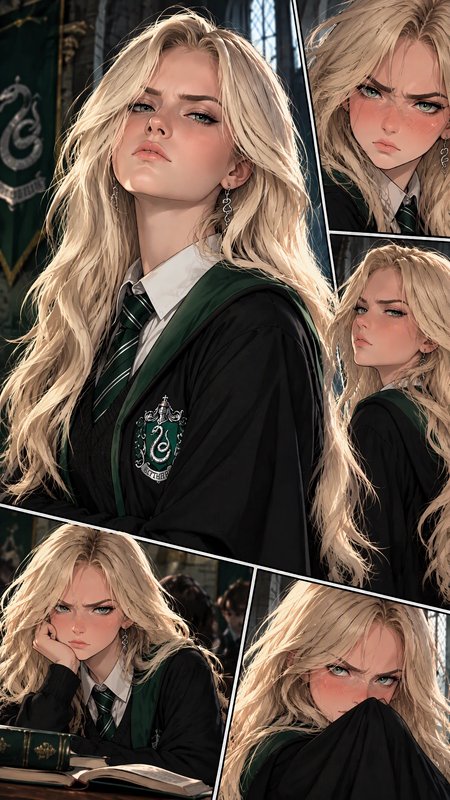 Comic panel collage of a blonde Slytherin Hogwarts student showing a range of haughty and fluster...