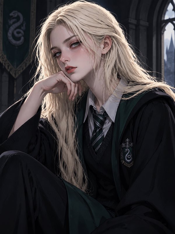 Platinum blonde Slytherin Hogwarts student rests her chin thoughtfully in a gothic castle interior