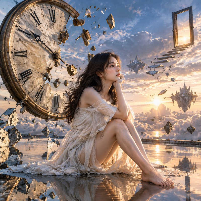Pensive young woman sits beside a crumbling giant clock in a surreal floating dream realm at gold...