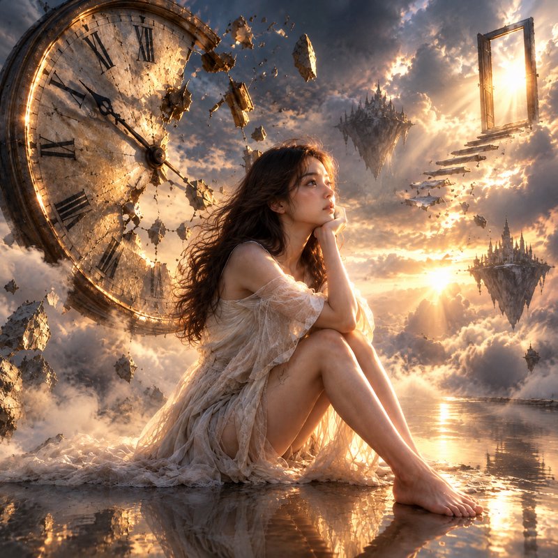 Pensive young woman sits in a surreal dreamscape beside a shattering giant antique clock above cl...