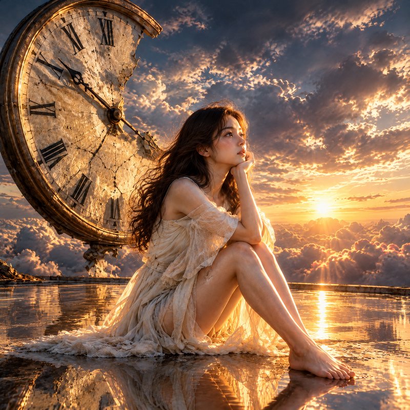 Pensive young woman sits beside a giant broken antique clock above clouds at golden sunset