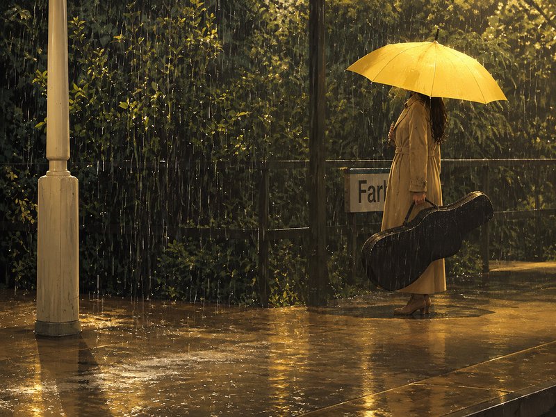 Woman with bright yellow umbrella holds a guitar case while waiting on a rainy train platform