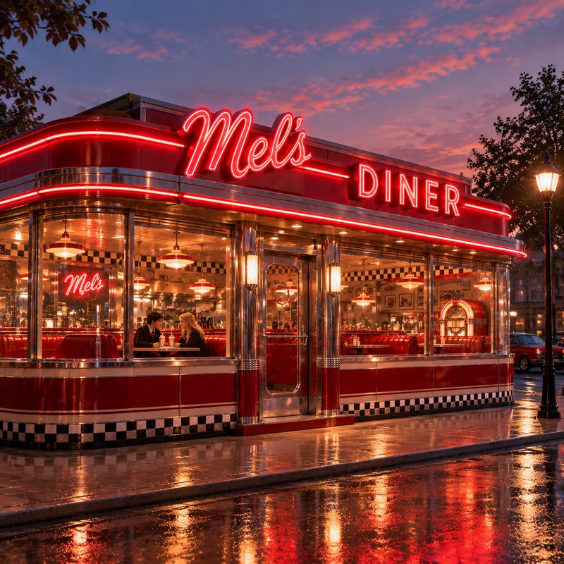 Classic retro Mel's Diner glows with red neon on a rain-slick sidewalk during pink sunset twilight