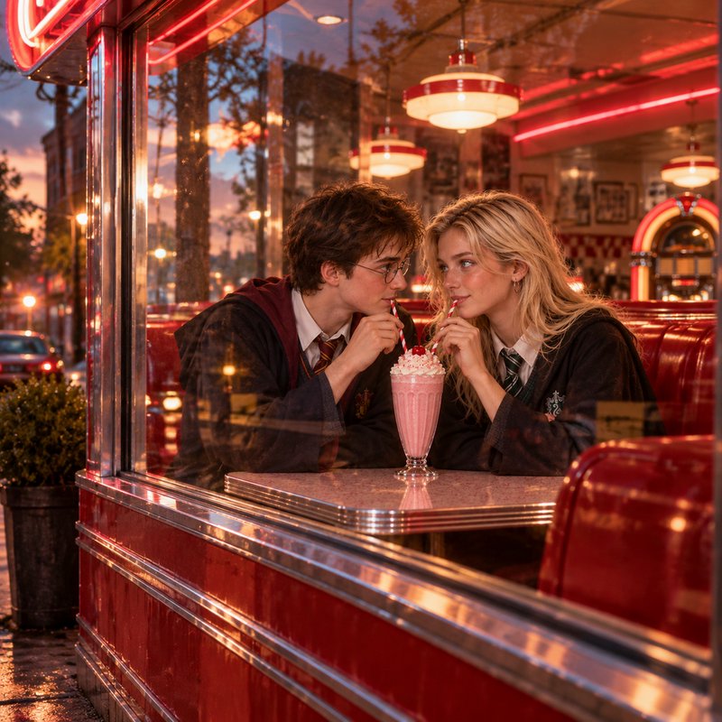 Hogwarts students sharing a strawberry milkshake at a retro neon diner at dusk