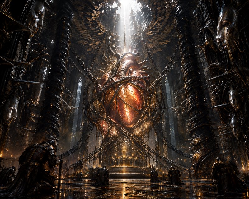 Glowing chained giant heart hangs in a gothic cathedral as armored knights kneel in worship