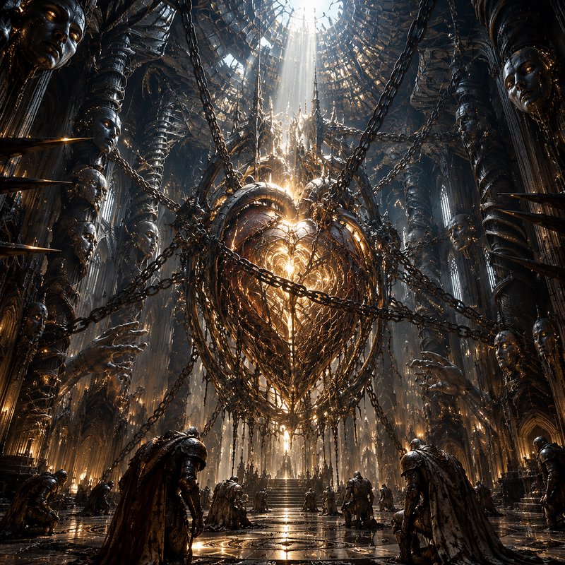 Glowing ornate chained mechanical heart hangs in a towering gothic cathedral as armored knights k...