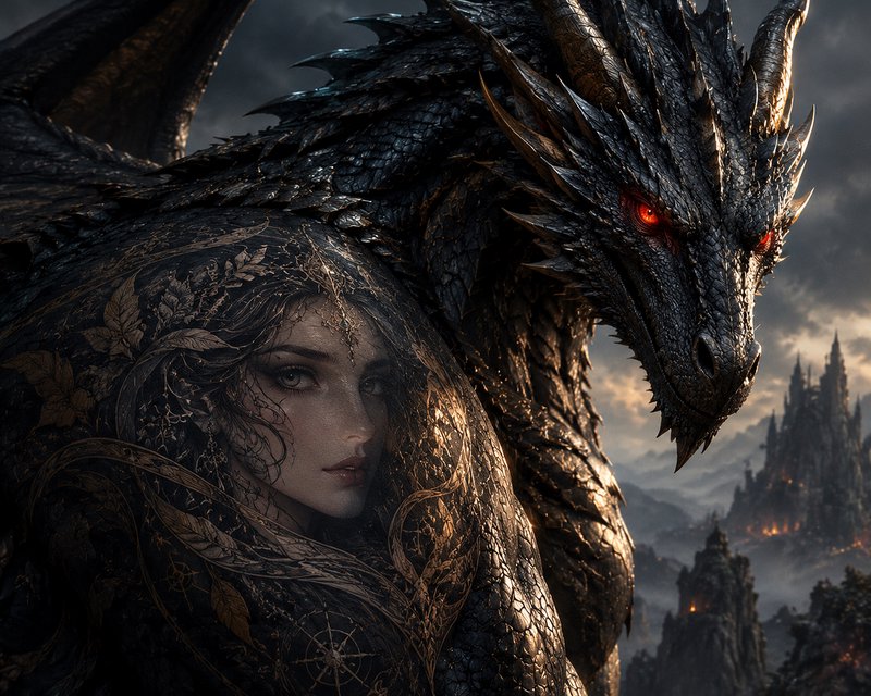 Regal elven woman with ornate dark filigree stands beside a menacing black dragon with glowing re...