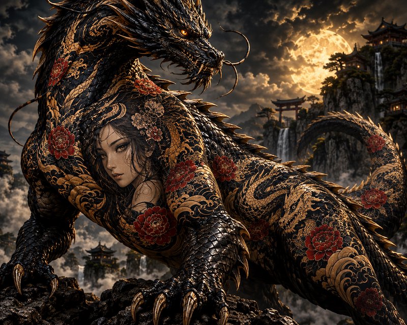 Humanoid eastern dragon hybrid with black gold red floral scales perches on a cliff under a glowi...