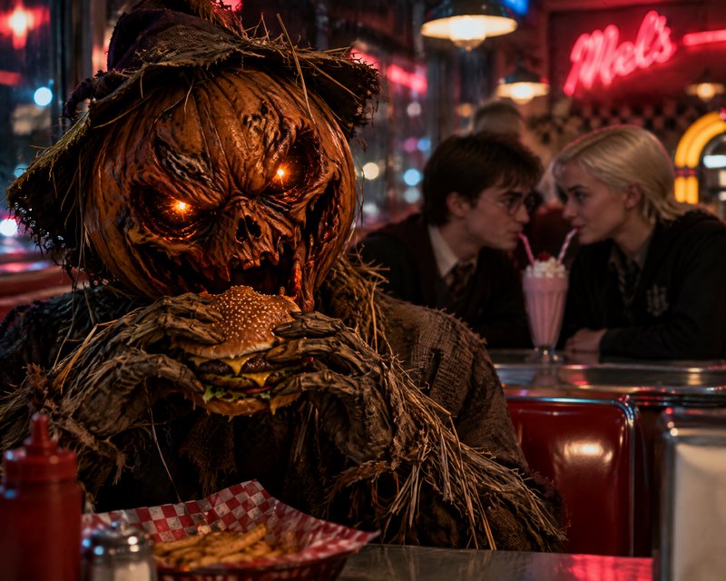 Menacing glowing-eyed pumpkin scarecrow eats a cheeseburger seated at a retro neon diner counter