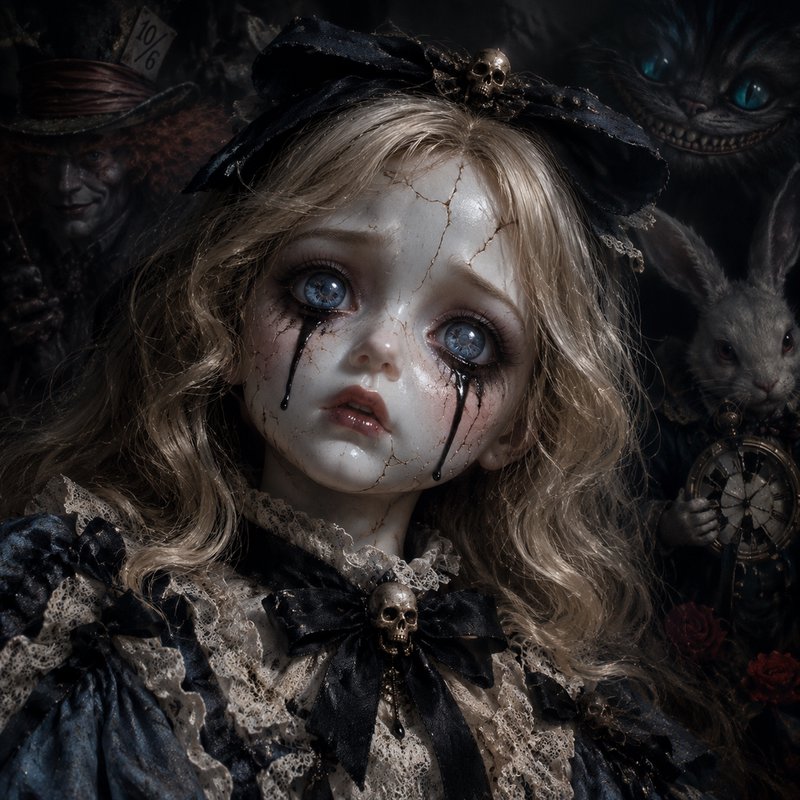 Cracked gothic porcelain Alice doll weeps black tears as eerie Wonderland figures loom in the dar...