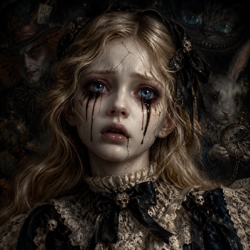 Dark gothic portrait of a crying Alice with black tear streaks, surrounded by twisted Wonderland ...