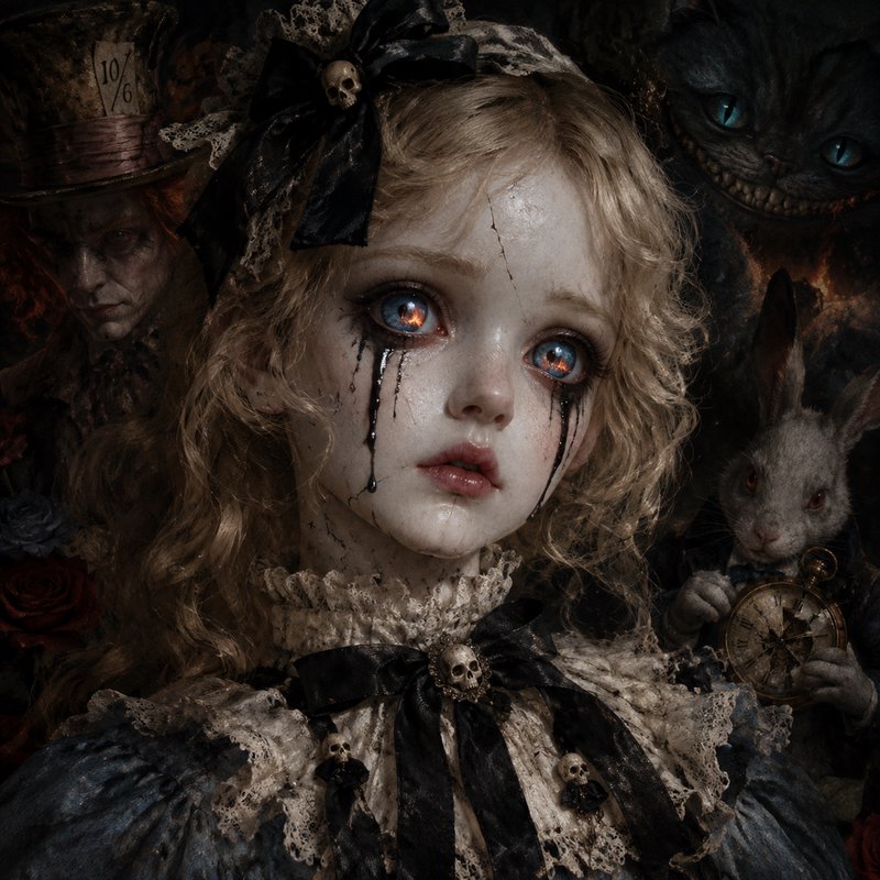 Cracked gothic porcelain Alice doll weeping black tears, surrounded by twisted dark Wonderland ch...