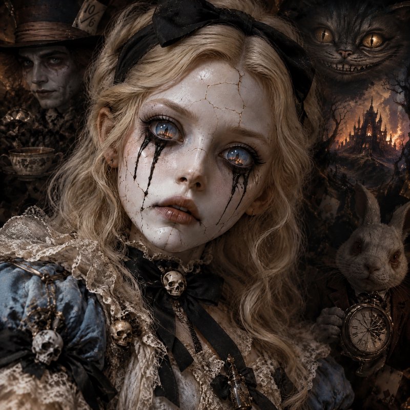 Gothic cracked porcelain Alice surrounded by twisted dark Wonderland characters including Cheshir...