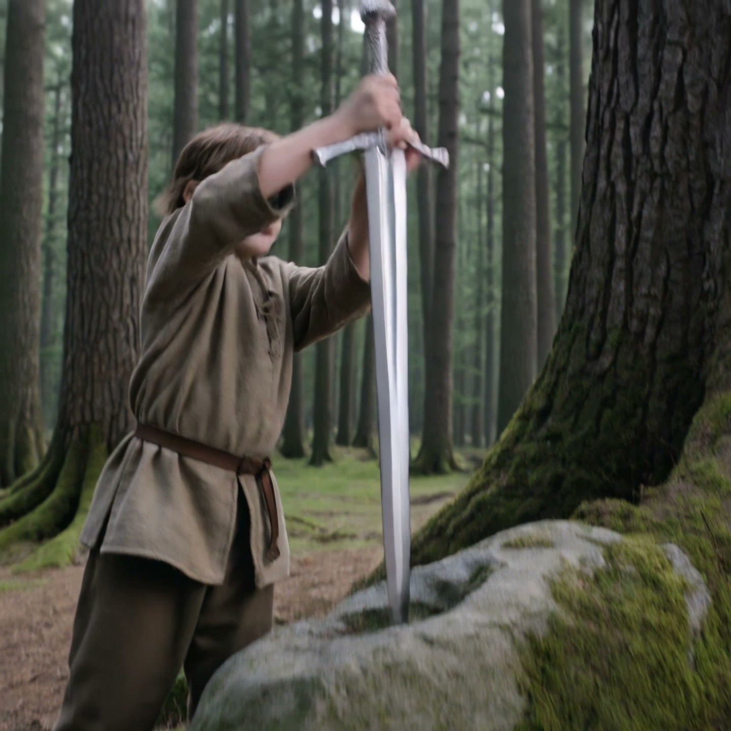 Person in medieval tunic pulling a shiny sword from a rock in a forest.
